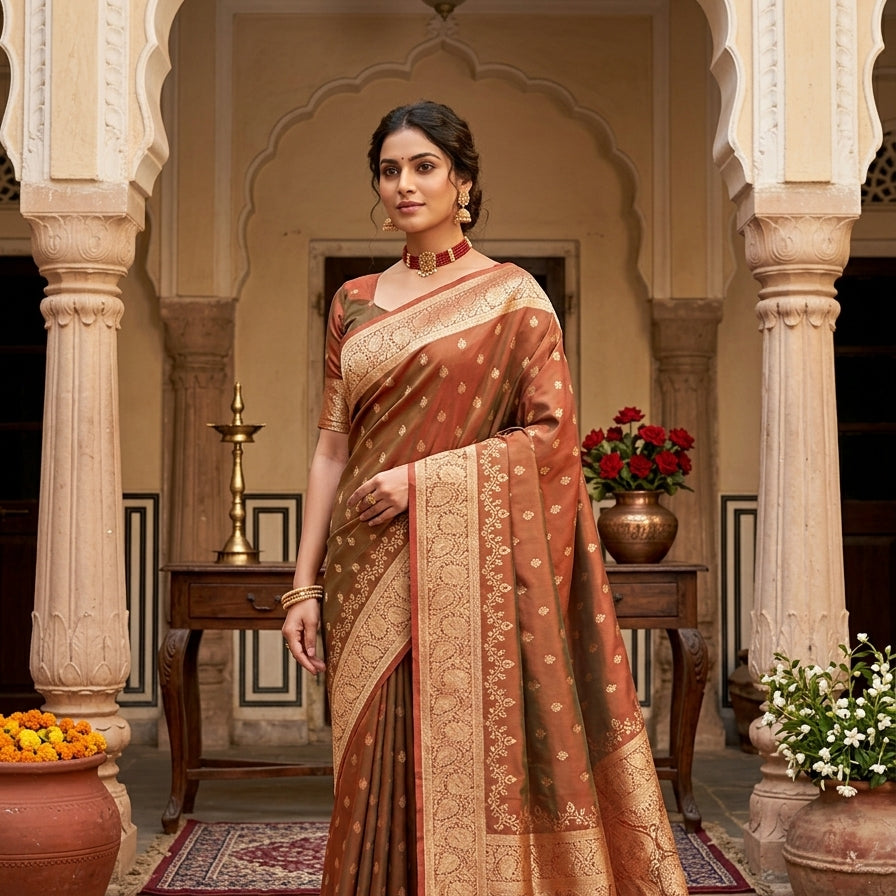 Regal Dual-Tone Banarasi Silk Saree Collection – Antique Zari Heritage Edition