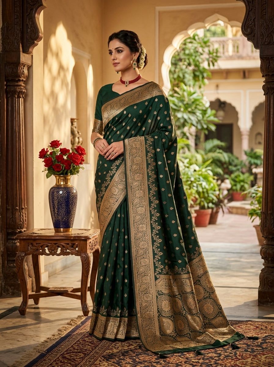 Dark Green Paithani Silk Saree with Peacock Pallu & Zari Border